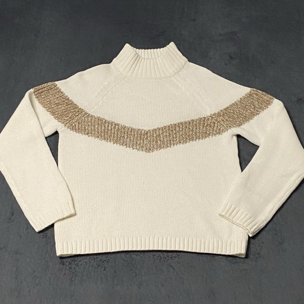 Green Coast Sweater Womens S White Brown Mock Neck Raglan Sleeve Knit Pullover